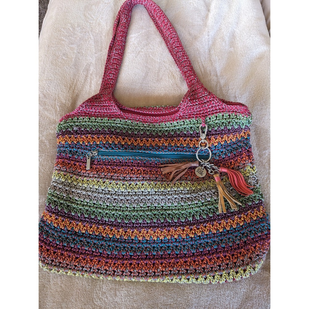 The Sak Crochet Tote Bag Multicolor Striped Boho Hippie Shoulder Bag w Tassels